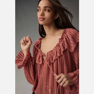 Brand New By Anthropologie Long-Sleeve Sheer Striped Crop Blouse